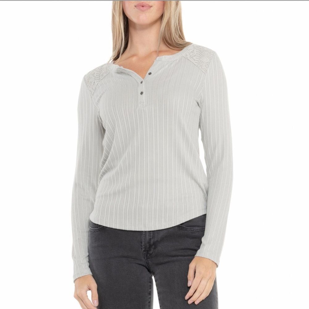 Lucky Brand Heather Gray Cloud Ribbed Cozy Long Sleeve Henley Shirt